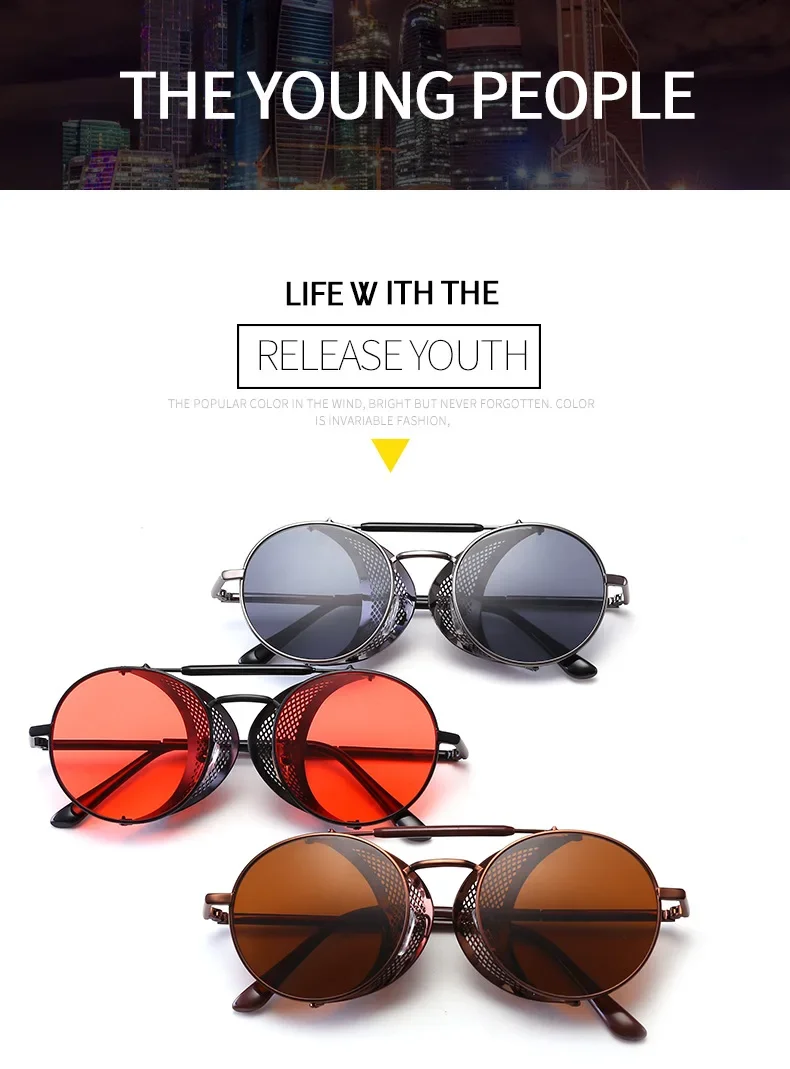 Retro runde Metall Sonnenbrille Steampunk Männer Frauen Trend Marke Designer Vintage Sonnenbrille Oculos de Sol Shades UV-Schutz – Detail 2