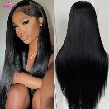 Funky Girl Hair 34 Zoll gerade transparente Perücken 13x4 Lace Front Echthaar vorgezupfte Perücke mit natürlicher Farbe Babyhaarperücken