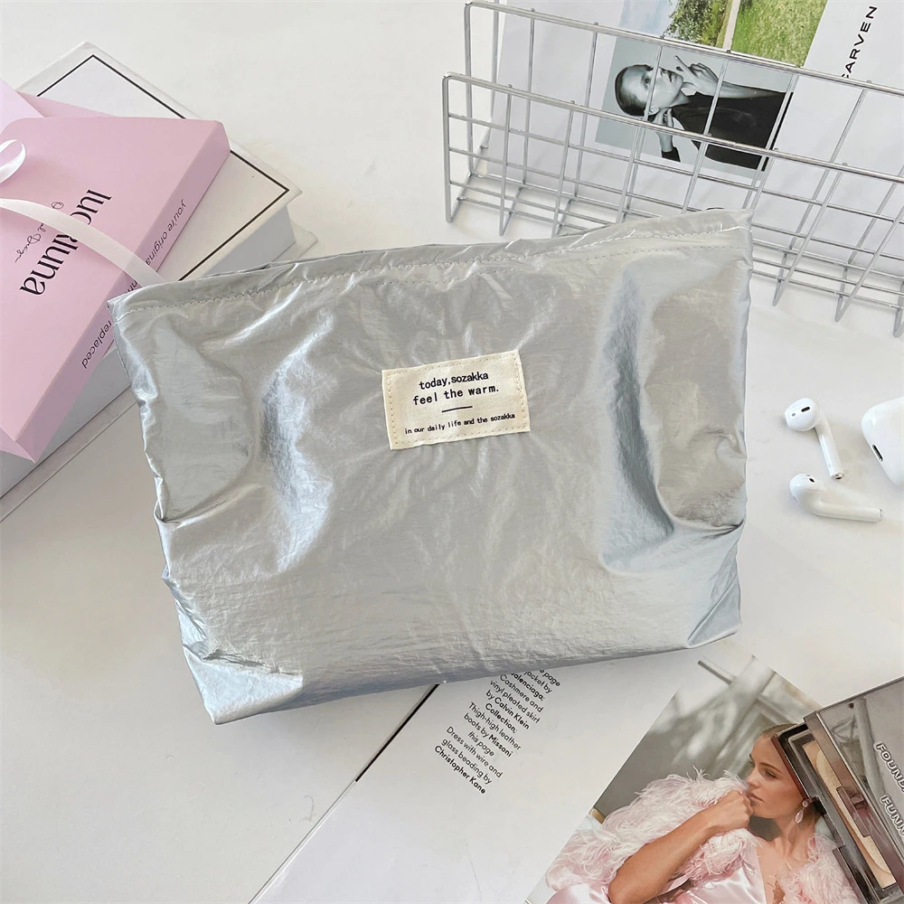 Silver Glossy Cosmetic Bag Storage Large Capacity Portable Wash Liner  Finishing Bag