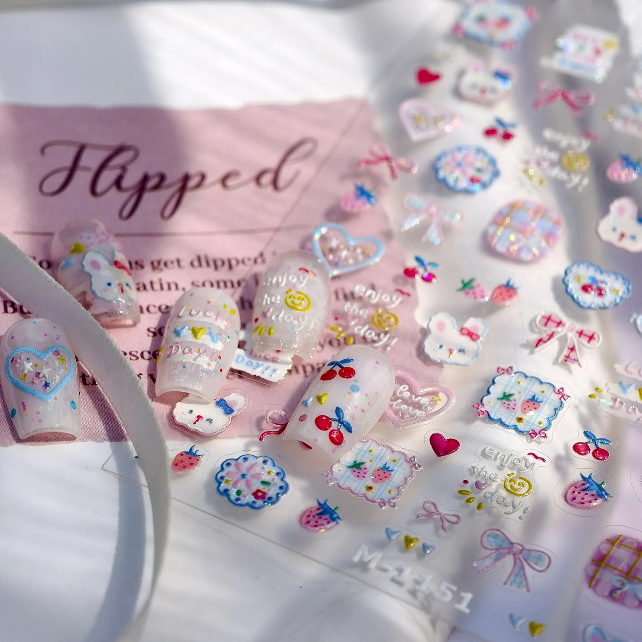 Kawaii lapin fraise lapin cerise dentelle nœud papillon ligne ceinture drôle fruits coeur auto-adhésif Nail Art autocollants manucure décalcomanies