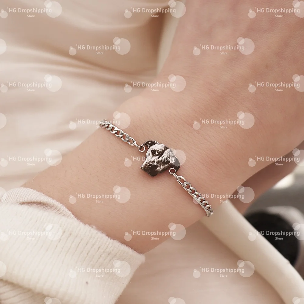 Custom Pet Dog Portrait Bracelet Stainless Steel Engraved Cat Portrait Cat Paw Print Pet Jewelry Pet Loss Gift Pet Gifts
