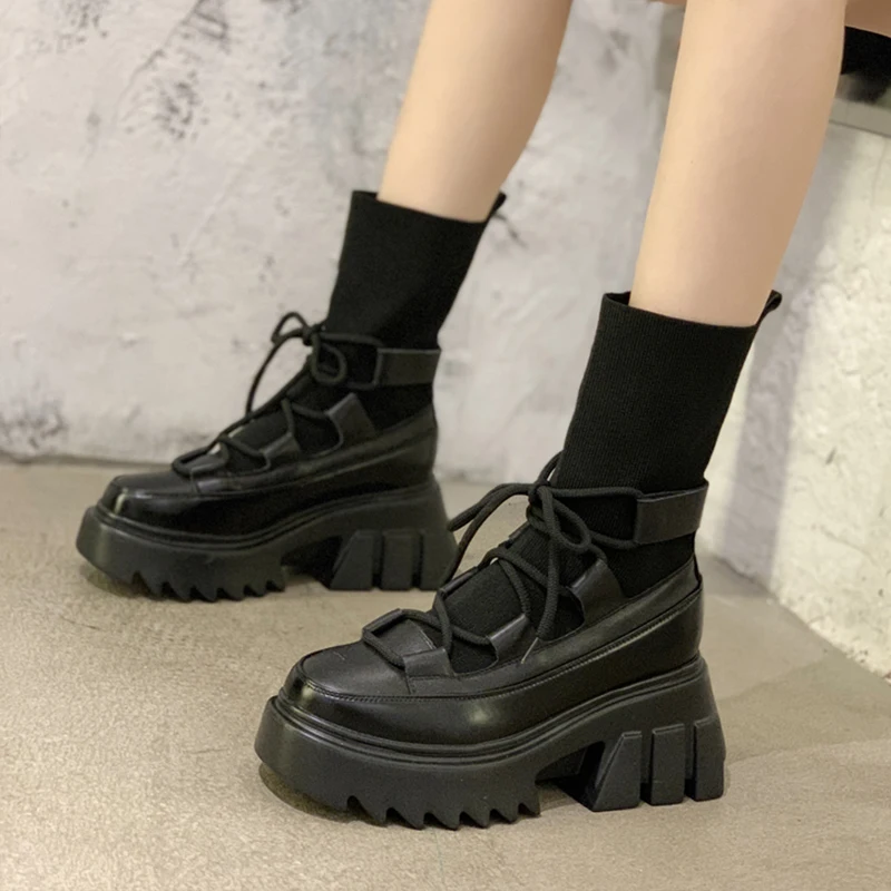 Woman\'s New Ladies Casual Stretch Fabric Socks Boots Fashion Cross-tied Shoes Platform Gothic Fabric Autumn Thick Bottom Lace-up