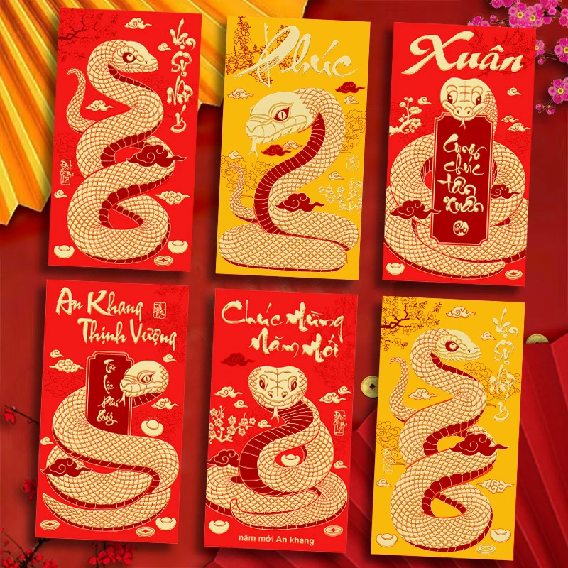 6Pcs Short Year Of The Snake Spring Festival Red Envelope Gift Chinese Money Envelopes 2025 Paper Fengshui Hongbao Pockets