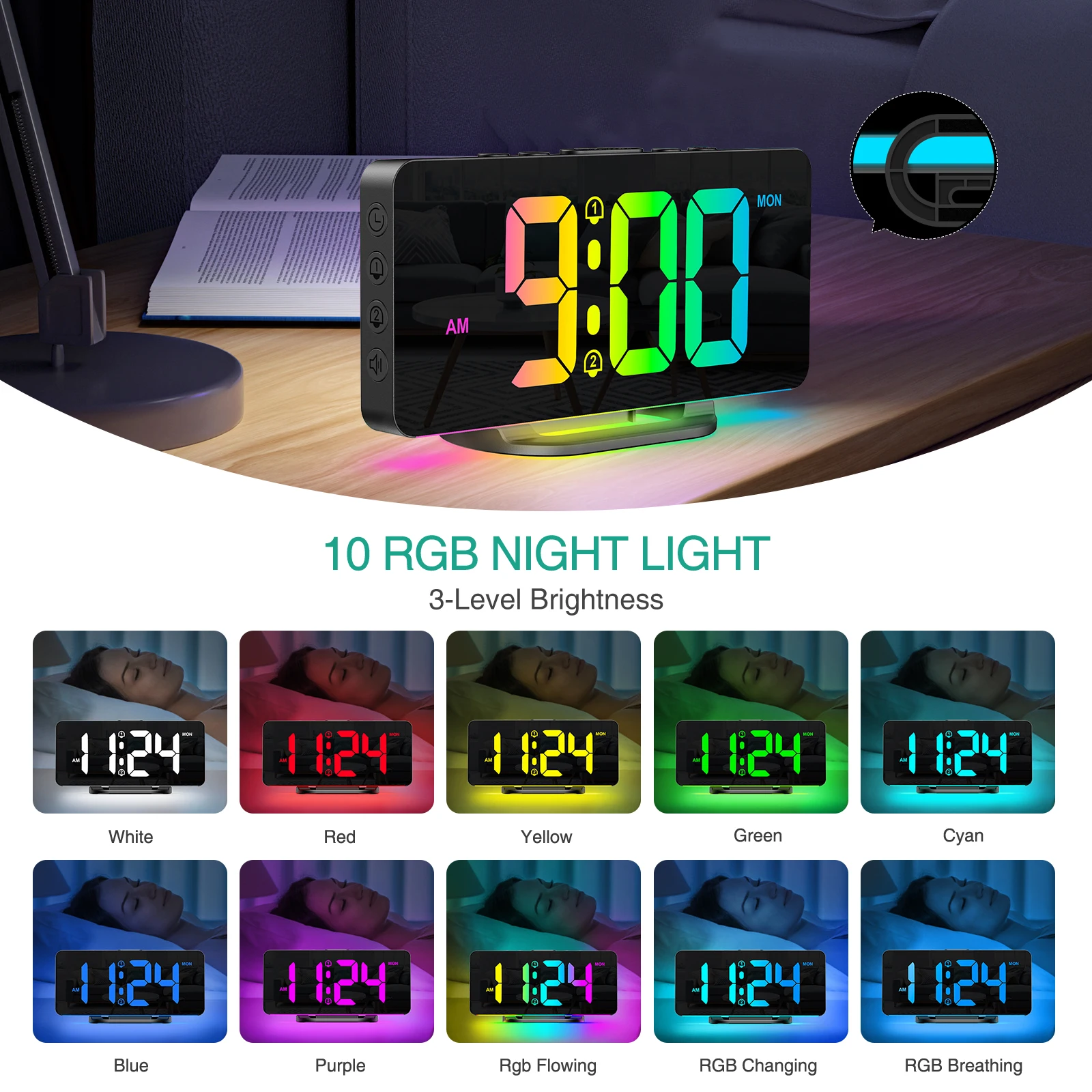ORIA Reloj Despertador Digital LED RGB con luz nocturna ambiente regulable - imagen 2
