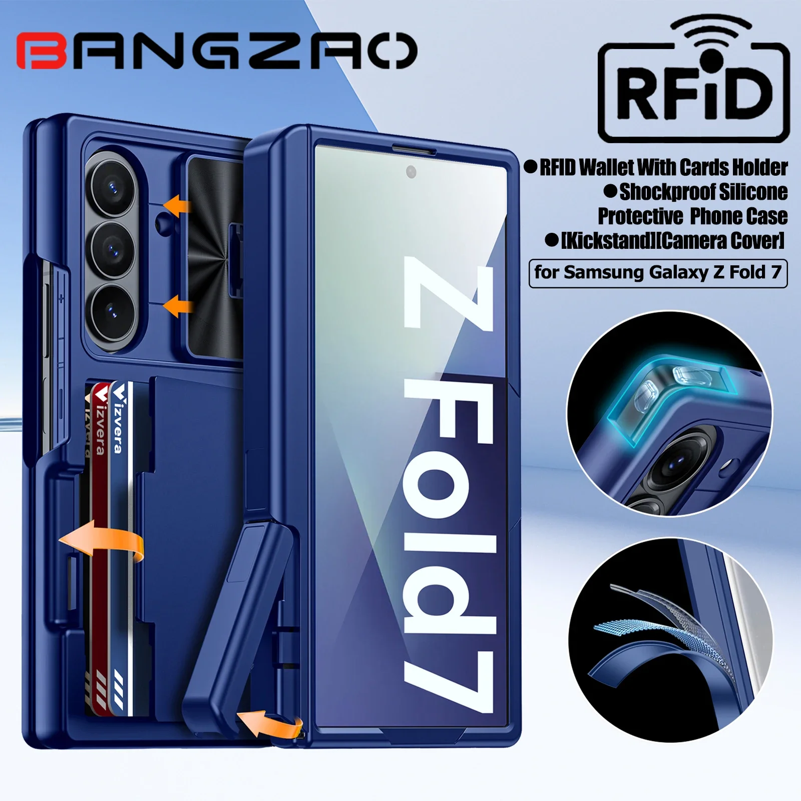 

Чехол для Galaxy Z Fold 7, RFID-кошелек с держателем для карт [подставка][крышка для камеры] Противоударный силиконовый защитный чехол для телефона - синий