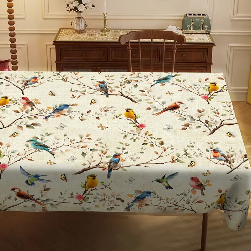 1pc Rectangular Tablecloth Compatible for Indoor/Outdoor Use - Spring Birds & Butterflies Floral Print Table Cover, Durable Machine-Washable Fabric Suitable, Dining Table, Party, Christmas Decor - Natural Style Pastel Colors