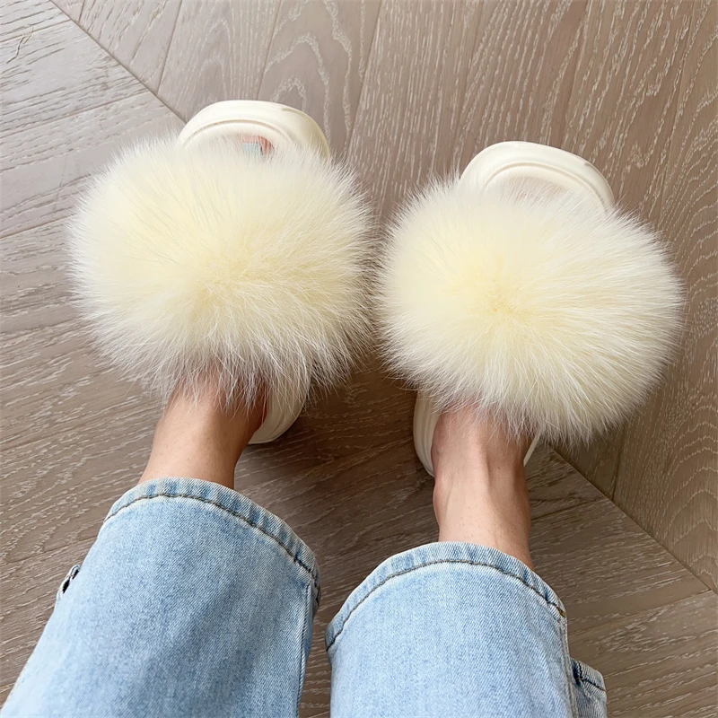 PVC Real Raccoon Fur Slides para mulheres e meninas, chinelos de pele de pelúcia marrom tamanho grande, luxo