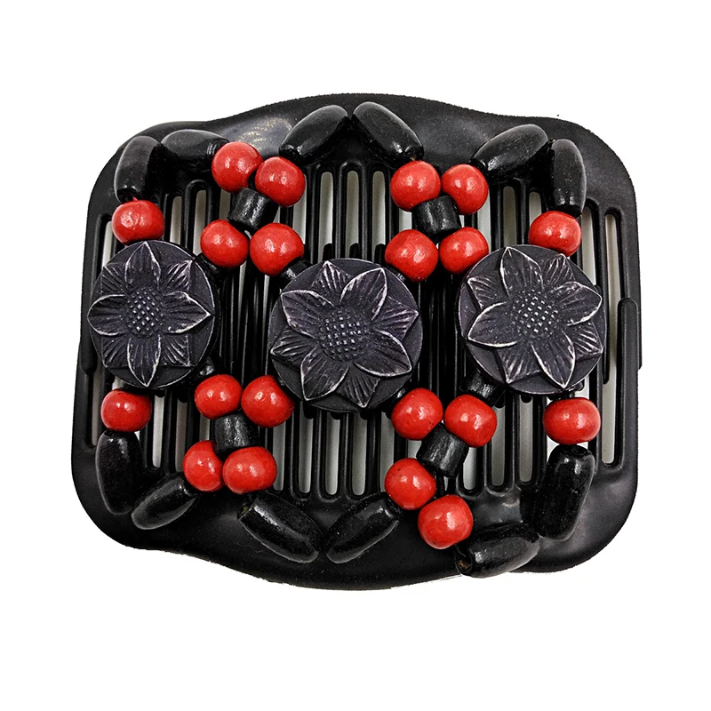 Hair Side Combs for Women Wood Beaded Stretch Double Hair Side Combs Clips Bun Maker with 3 Flowers Hair Accessories