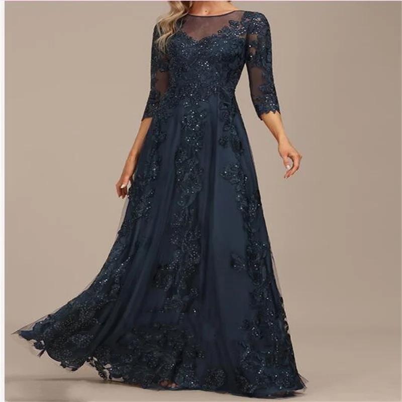 Half Sleeves Dresses for Mother of The Bride  Applieque Lace Mother Evening Dress Big Size Party Dress for Wedding Floor Lenght