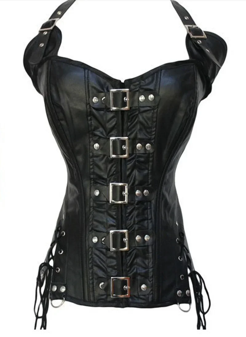 Women's Bustiers Corsets Leather Overbust Corset with Buckles Steel Boned Steampunk Gothic Bustier Waist Training Corselet Vest