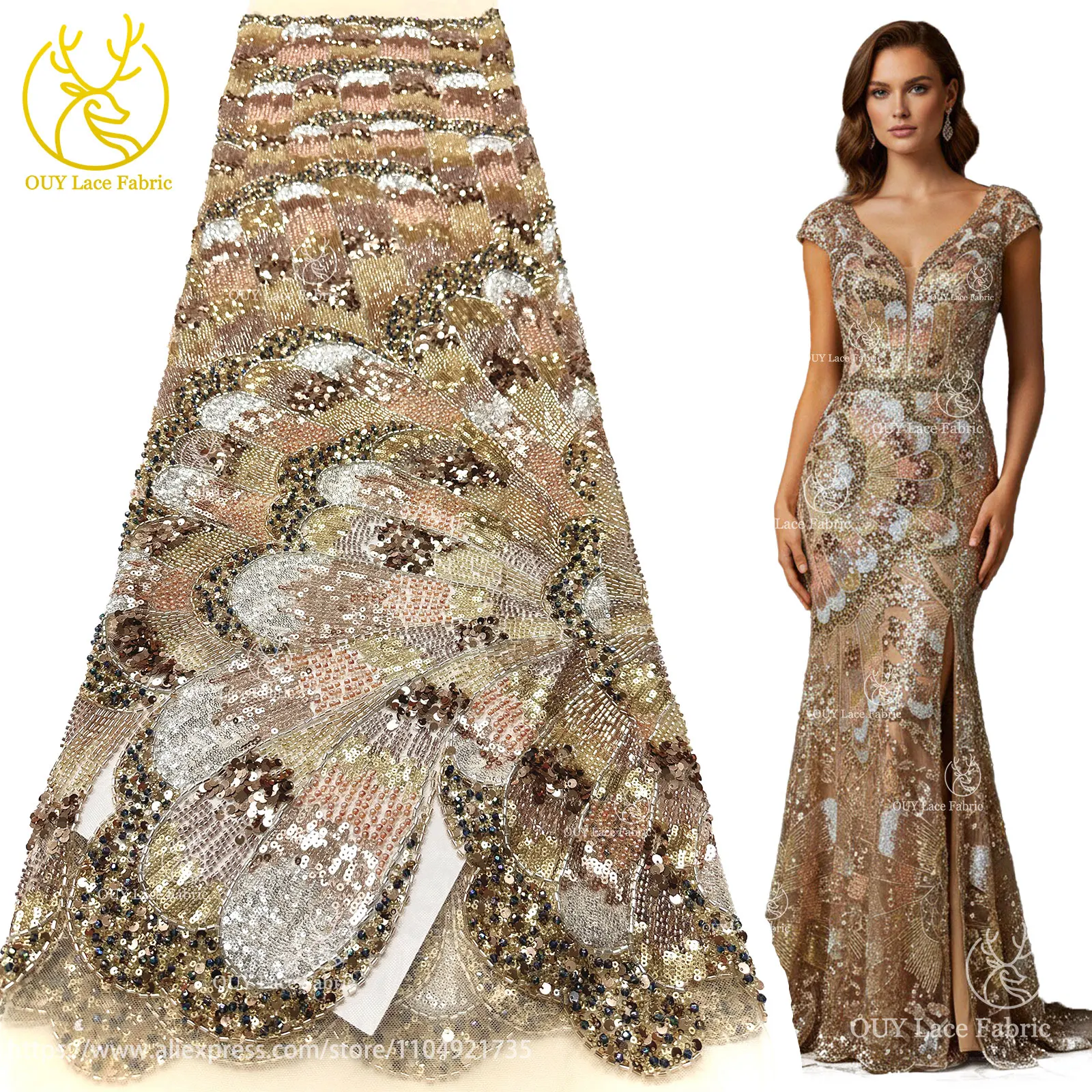 

Gold Luxury African Handmade Heavy Beaded Lace 2025 Latest French Nigerian Sequin Lace Fabric Bridal Party Dress Sewn 5 Yards