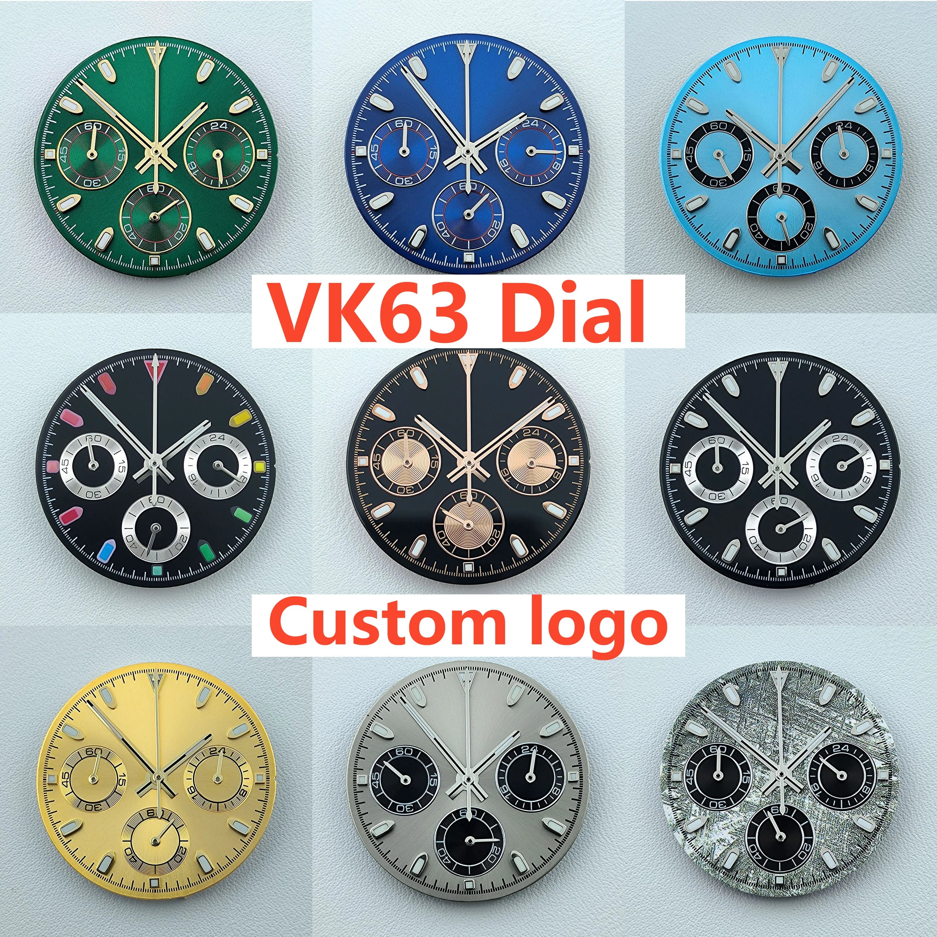 29 มม.VK63 chronograph dial โลโก้ที่กําหนดเอง PANDA dial สีเขียวเรืองแสง Fit VK63 ควอตซ์นาฬิกาอุปกรณ์เสริม