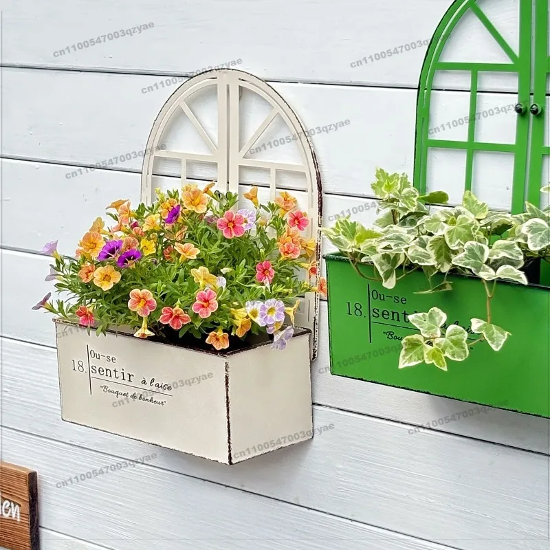 Retro Old Wrought Iron Small Window Flower Pot Wall Hanging Flower Ware Garden Balcony Grocery Decorations