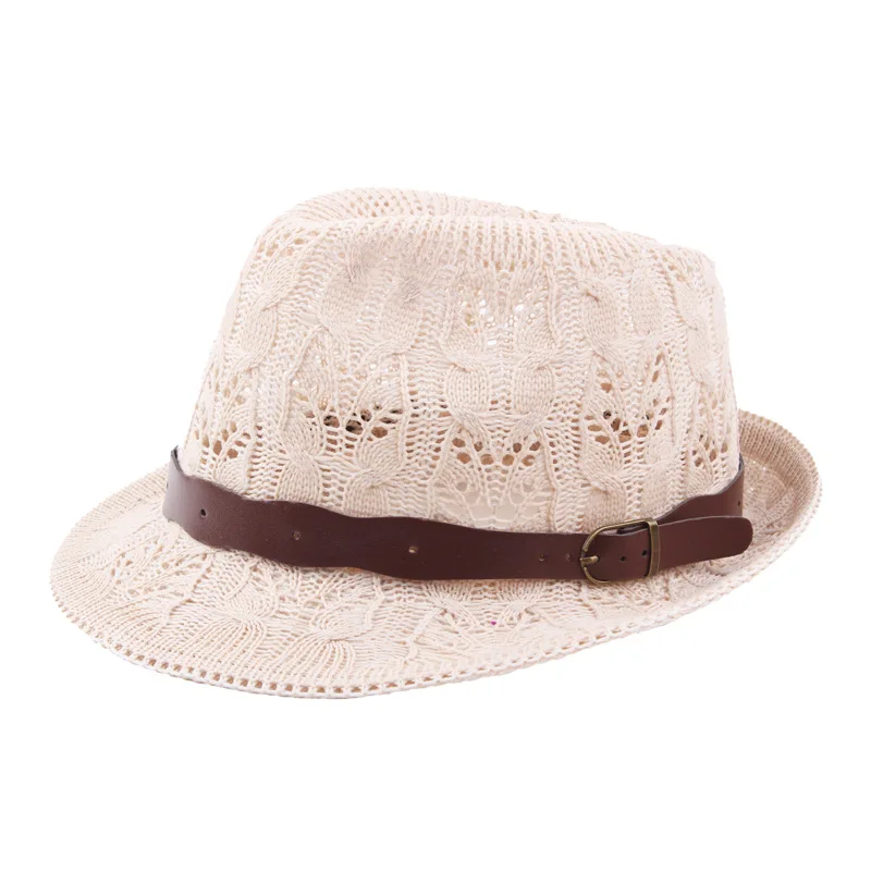 Summer Women\'s Knitted Mesh Breathable Curled Jazz Hat Leather Belt Panama Hat