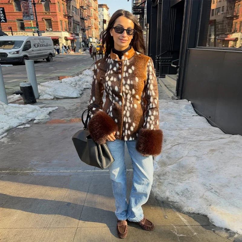 2026 Herbst Winter Sexy Leoparden-Fell-Patchwork-Jacke Damen Schick Langarm Bedruckt Schmal Geschnitten O-Ausschnitt Knopf-Mäntel Damen Oberbekleidung Neu – Detail 19