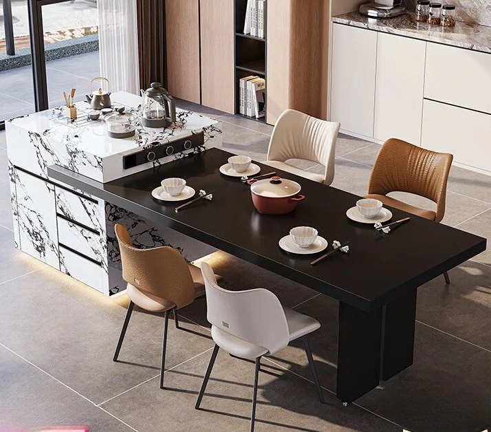 

Rock slab dining table integrated open kitchen restaurant can be customized light luxury Bulgari cream guide table