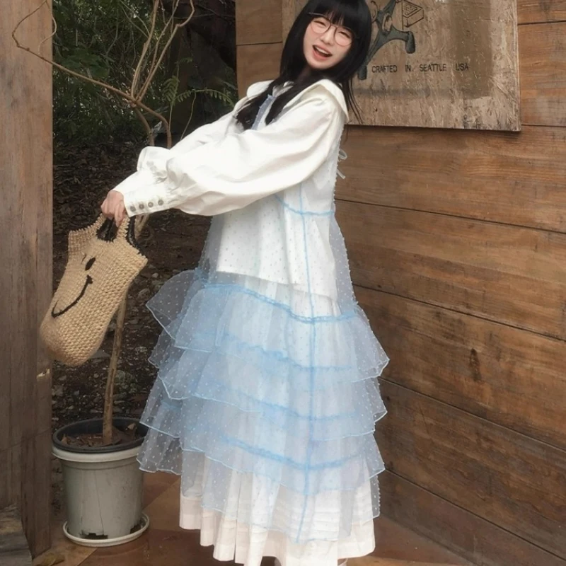 Japonês azul bordado bolinhas organza vestido feminino design original empilhado tule dupla camada plissado borda vestidos senhoras