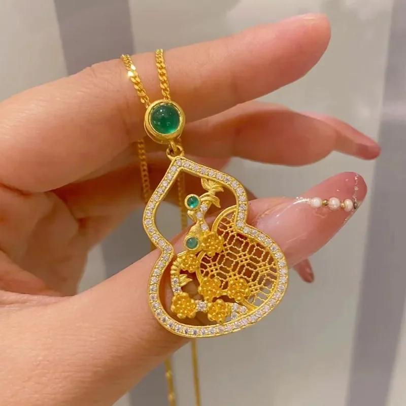 NovaGlod Gold national trend necklace 24K real gold lily of the valley flower gourd pendant Ruyi lock bag 9999 retro style versa