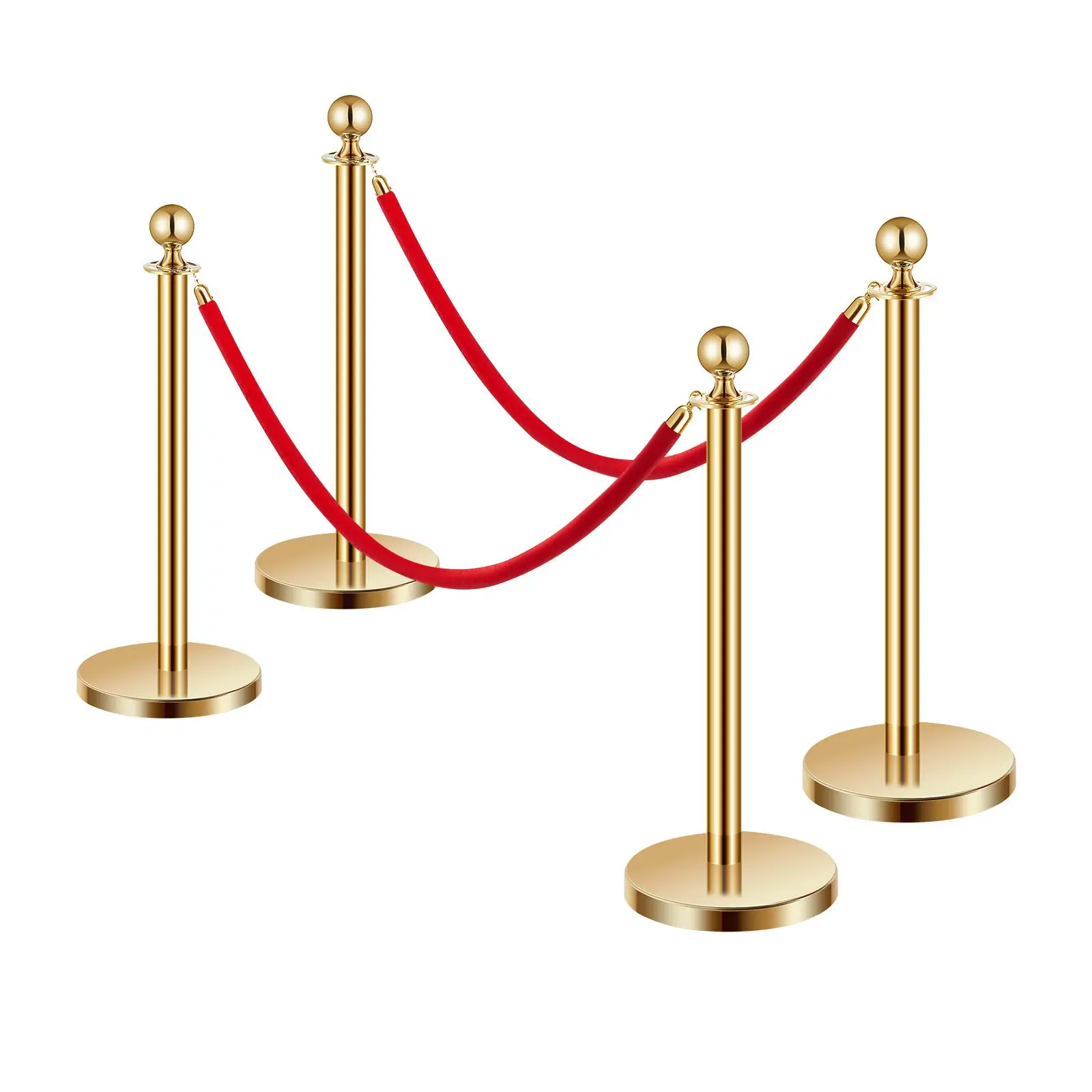 Stanchions and Velvet Ropes 4Pcs, Hollow Base with Stainless Steel Post, 2 Red Velvet Ropes and Posts, Crowd Control Barriers Gold Stanchions, Red Carpet Runner Poles for Party Supplies
