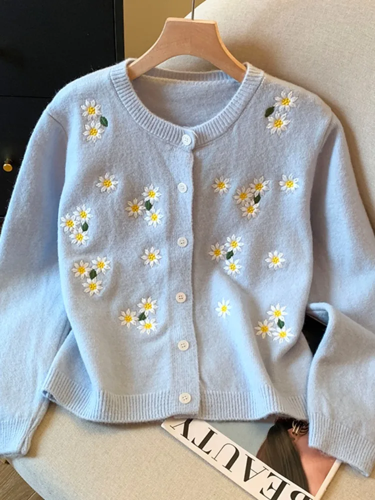 

Рекомендуемый самосовершенствованный круглый вязаный свитер с вышивкой ромашки, пальто для женщин, ранняя осень, зима, длинный свеч, открытый ...