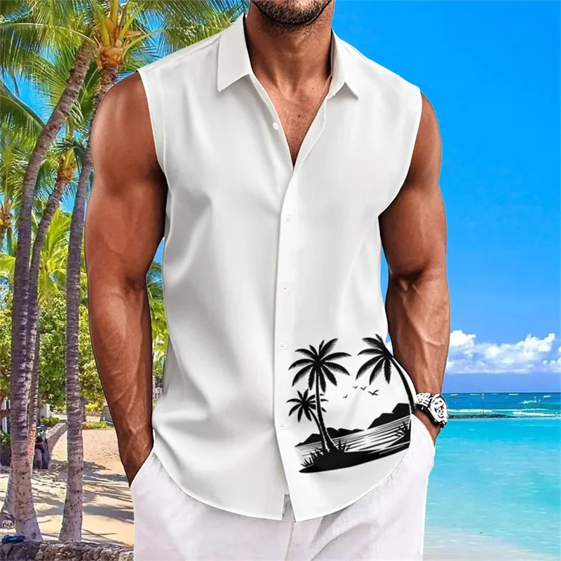New summer men's vacation shirt, sleeveless T-shirt for beach travel, lightweight and breathable Hawaiian style men's top.