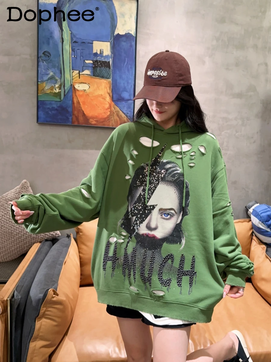 Fashionable Trendy Rhinestone Sweatshirts Oversize Mid-Length Hoodie Men Women Long Sleeve Contrast Color Stitching Sweatshirt