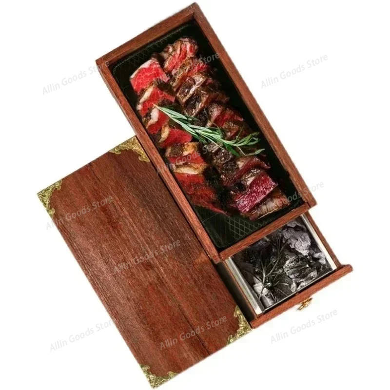 carbon fire steak barbecue box Smoked meat Bacon box Western food dishes Creative Roast squa wooden tableware in restaurant