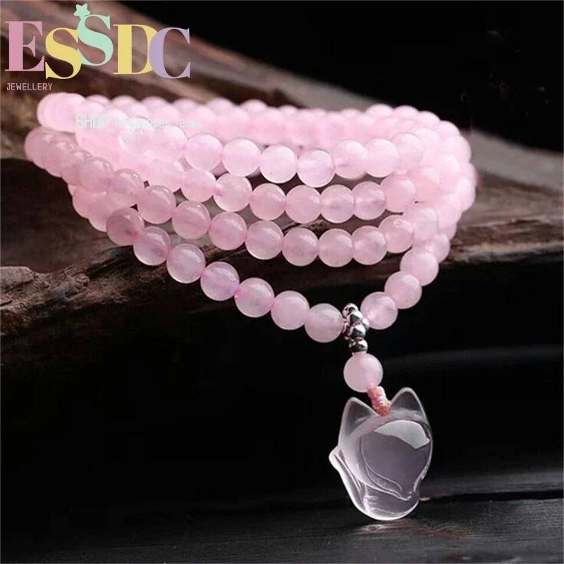 Natural Mozambique Fox Pendant 6mm  Pink Crystal Multi Circle Bracelet Female's Lucky Beaded Hand String Wholesale