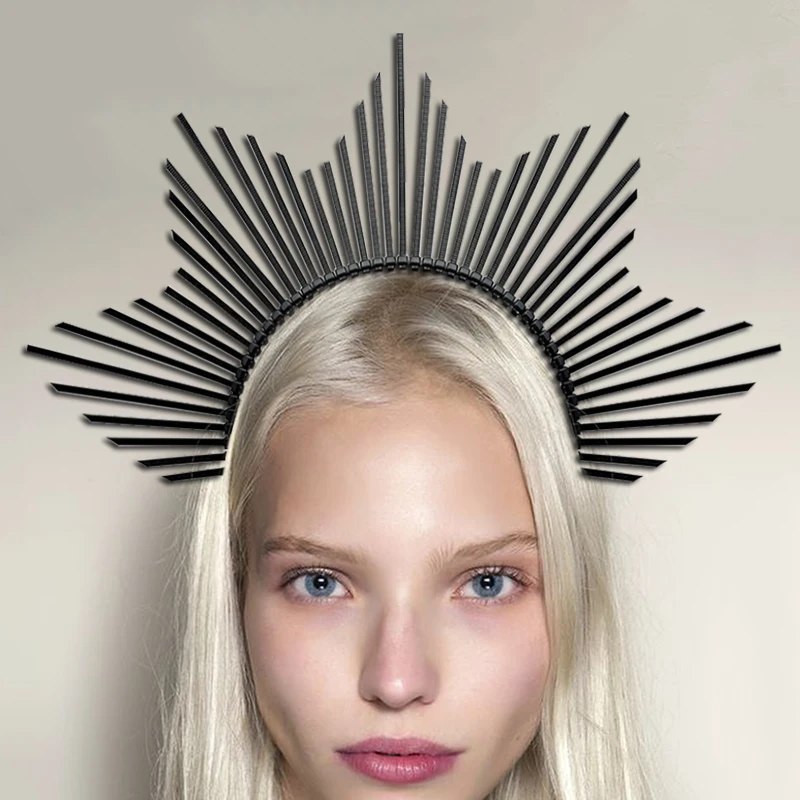 Black Halo Crown Headband Sun Goddess Crown Bohemian Wedding Halloween Accessories Plastic Spike Headdresses DIY Lolita Tiara