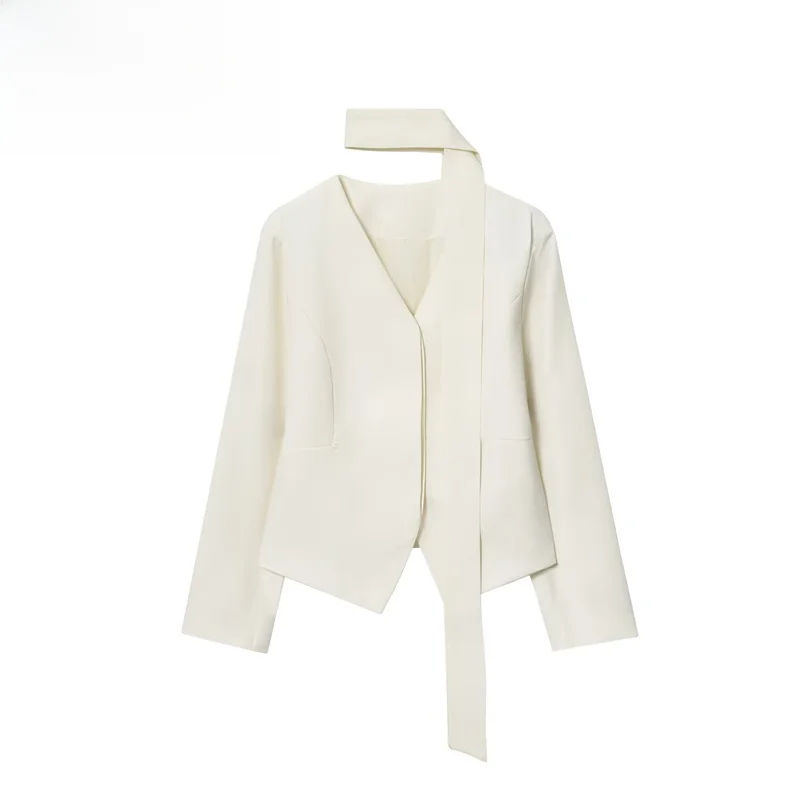 

EVEA New Women's Casual Fashion Versatile Necktie Decorated Small Western Suit Polyester Fiber Long Sleeve V-neck Suit