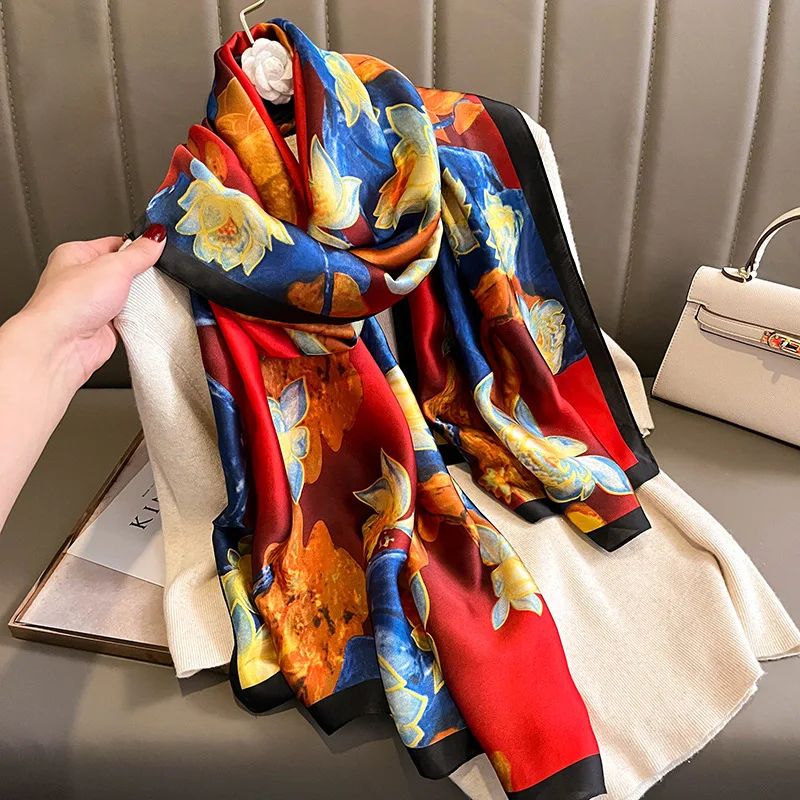 New style Luxury brand Autumn and winter women Fashion Color matching Print silk scarf lady Popular headcloth beach shawl