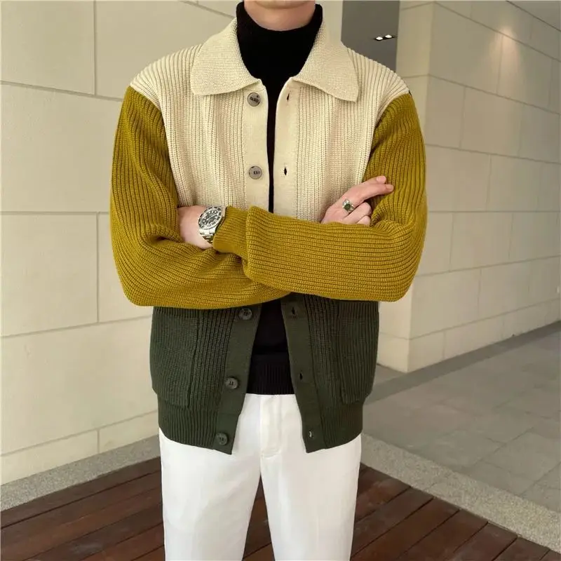 Fashion Lapel Button Pockets Spliced Casual Color Cardigan Sweaters Men\'s Clothing 2024 Spring New Loose Knitted All-match Tops