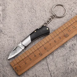 Damascus Steel Mini Knife Ebony Wood Handle Folding Knife Pocket Outdoor Camping Keychain EDC Tool Unpacking Cutter With Chain