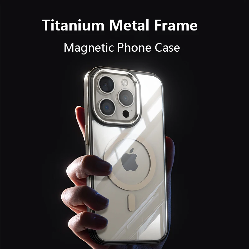 Titanium Metal Frame Magnetic Phone Case For iPhone 13 14 15 Pro Max Airbag Transparent For Magsafe Wireless Charging Phon Cover