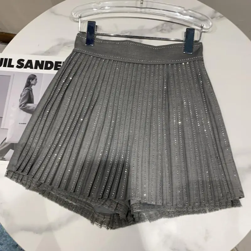 iny Spitze Trim Plissee Breite Bein ort Hosen frauen Rock Capri Hosen Herbst Neue Sle Vertikale Streifen Diamant Flaing Natu...