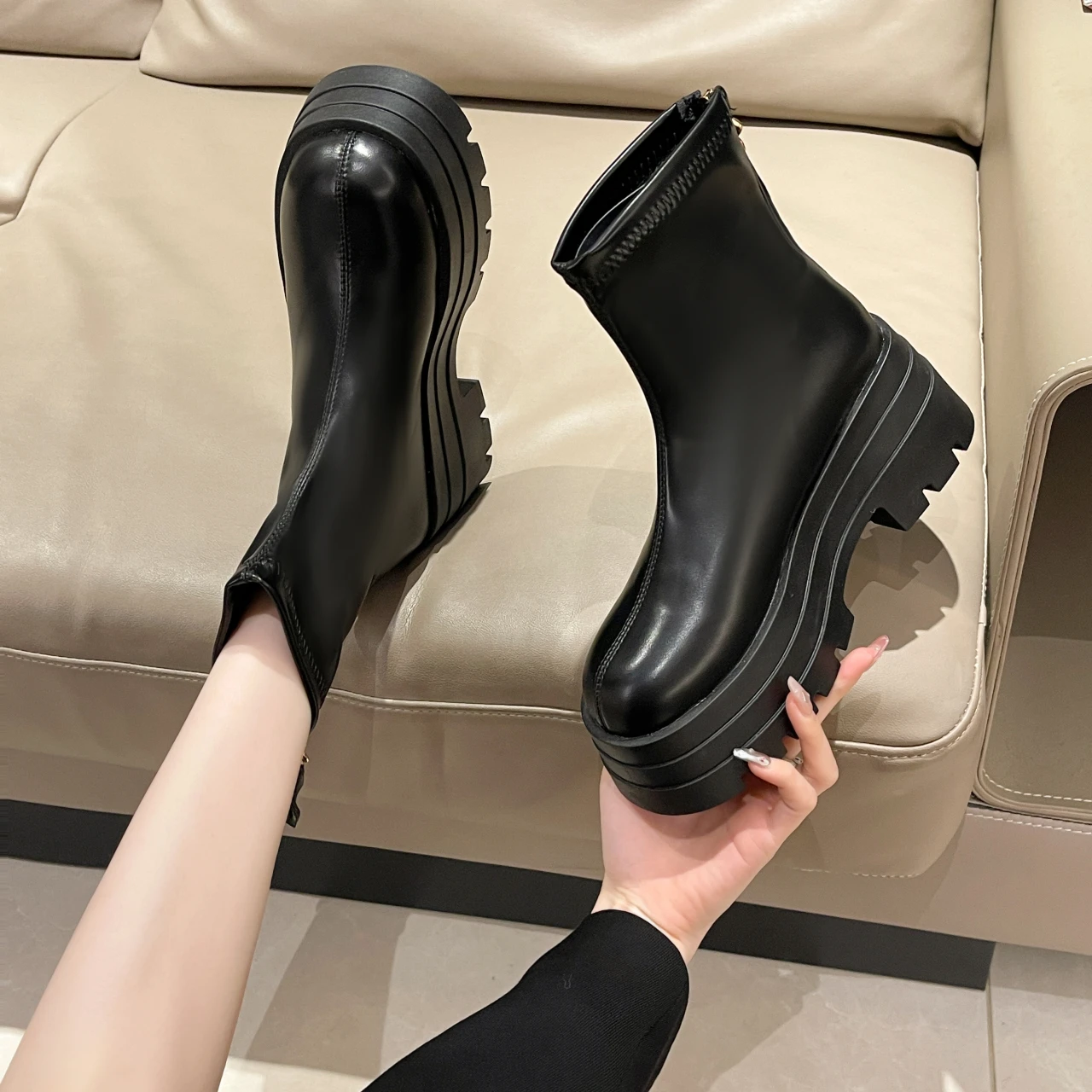 PU Leather Chunky Platform Ankle Boots 2024 Women Back Zipper Thick Heeled Short Boots Woman Black Punk Boots Ladies D113