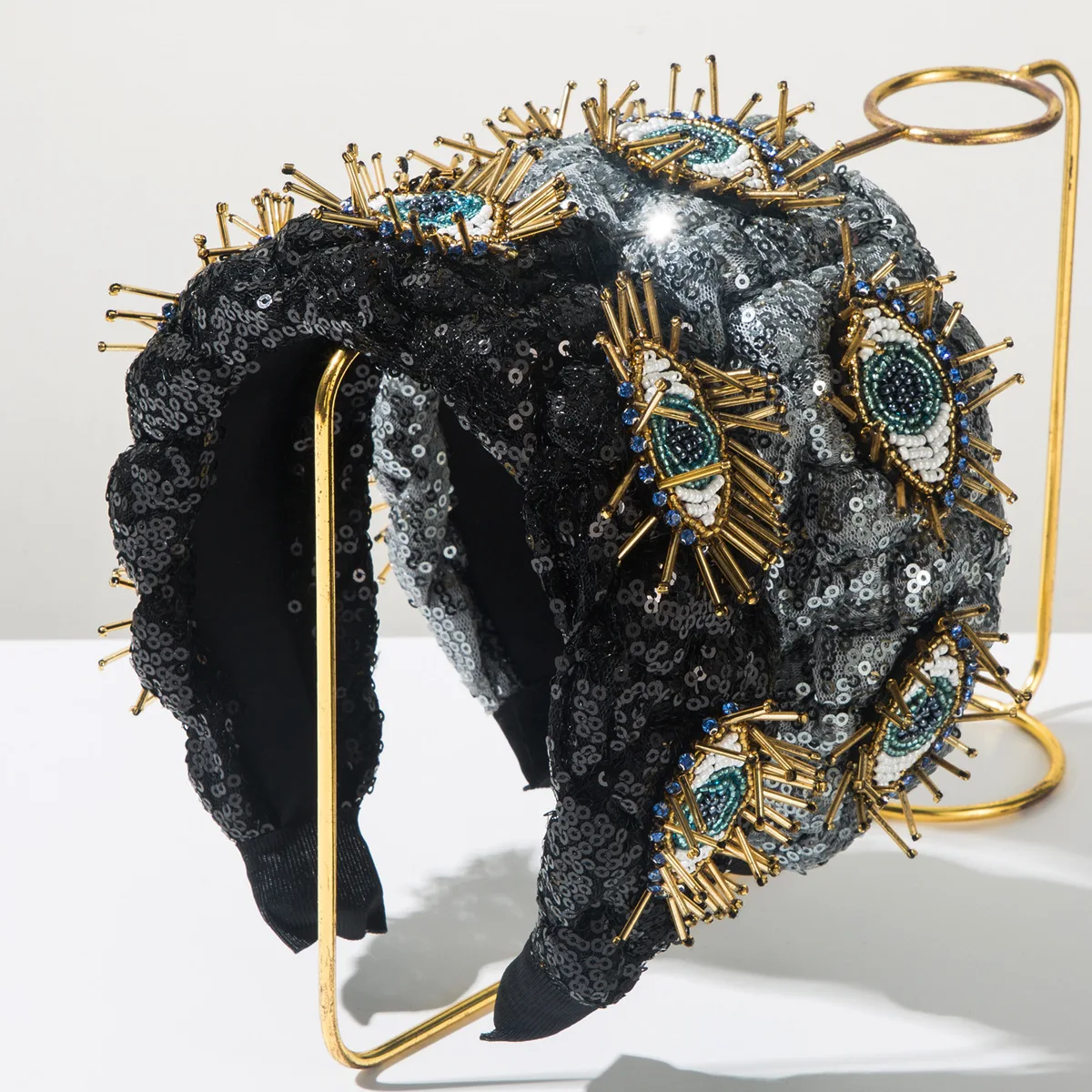 

Повязка на голову ручной работы с пайетками и бисером, широкая, с бусинами «Дьявольский глаз», модные аксессуары для волос для женщин