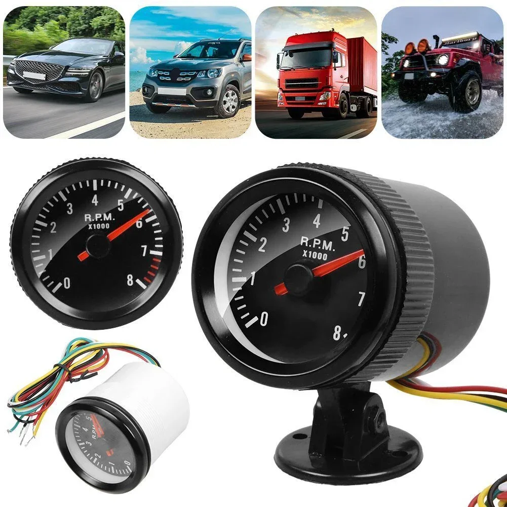 2inch Car Tachometer Gauge Meter White Light LED Car Tachometer 0-8000 RPM For 1-8 Motor Cylinders Black Shell 12V Tach 52mm