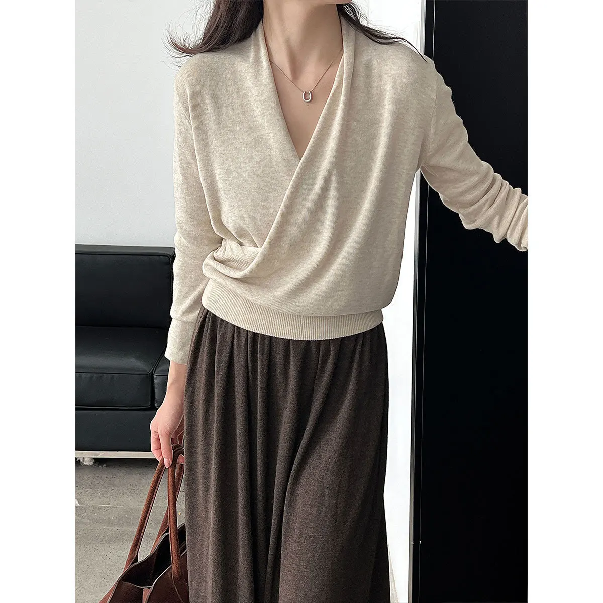 BJTZ 2025 Autumn Winter Women’s Cross V-Neck Soft Wool Knit Sweater Long Sleeve Thermal Top Cozy Casual Loungewear Tops