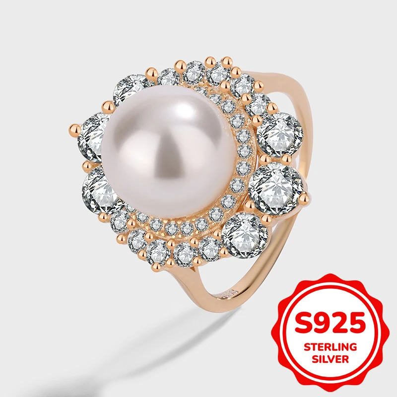

Exquisite and Elegant S925 Silver Full Diamond Imitation Eye Pearl Champagne Color Ladies' Temperament Ring