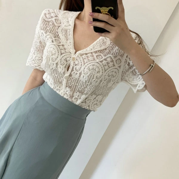 

Прозрачная кружевная блузка с вышивкой, топ с короткими рукавами и пуговицами спереди, кардиган, женский летний наряд в стиле бохо для отпуска