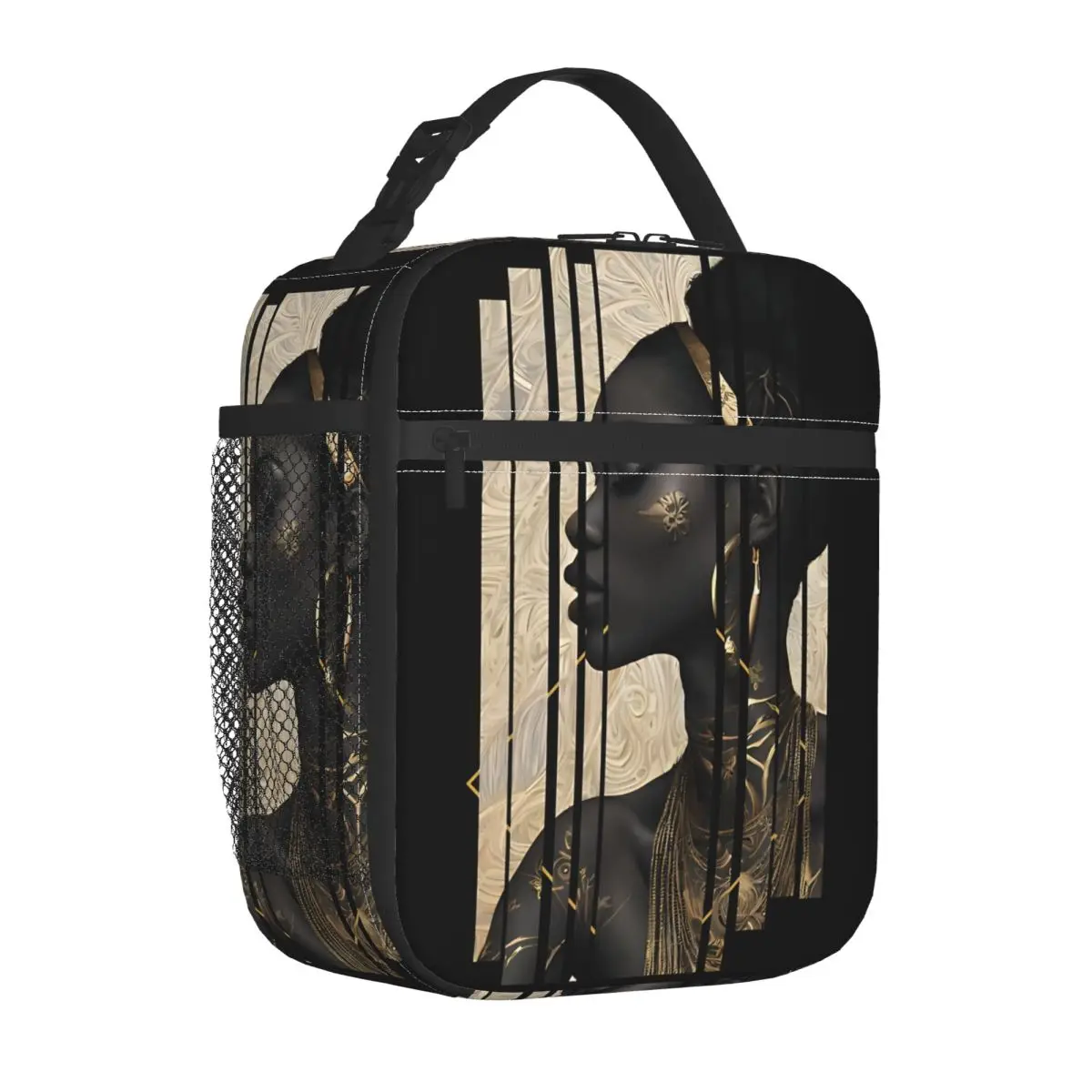 Gilded Grace African Art Black And Gold Insulated Lunch Bag Leakproof Lunch Container Cooler Bag Lunch Box Tote Beach Travel