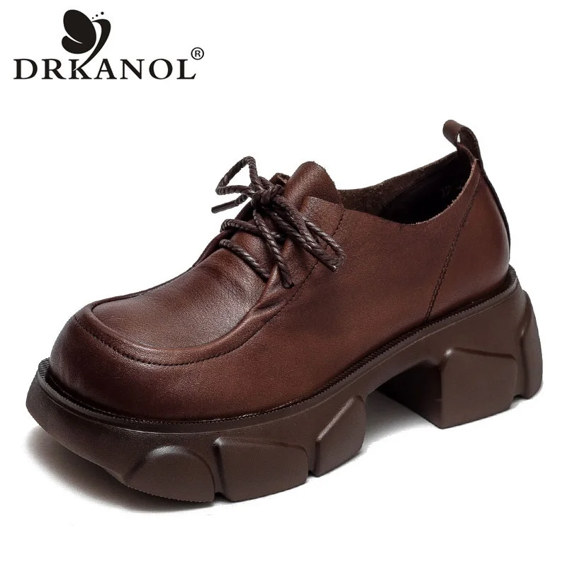 

DRKANOL/Женская обувь ручной работы в стиле ретро, женская обувь из натуральной кожи на толстом высоком каблуке, увеличивающая рост, повседневные женские лоферы на платформе