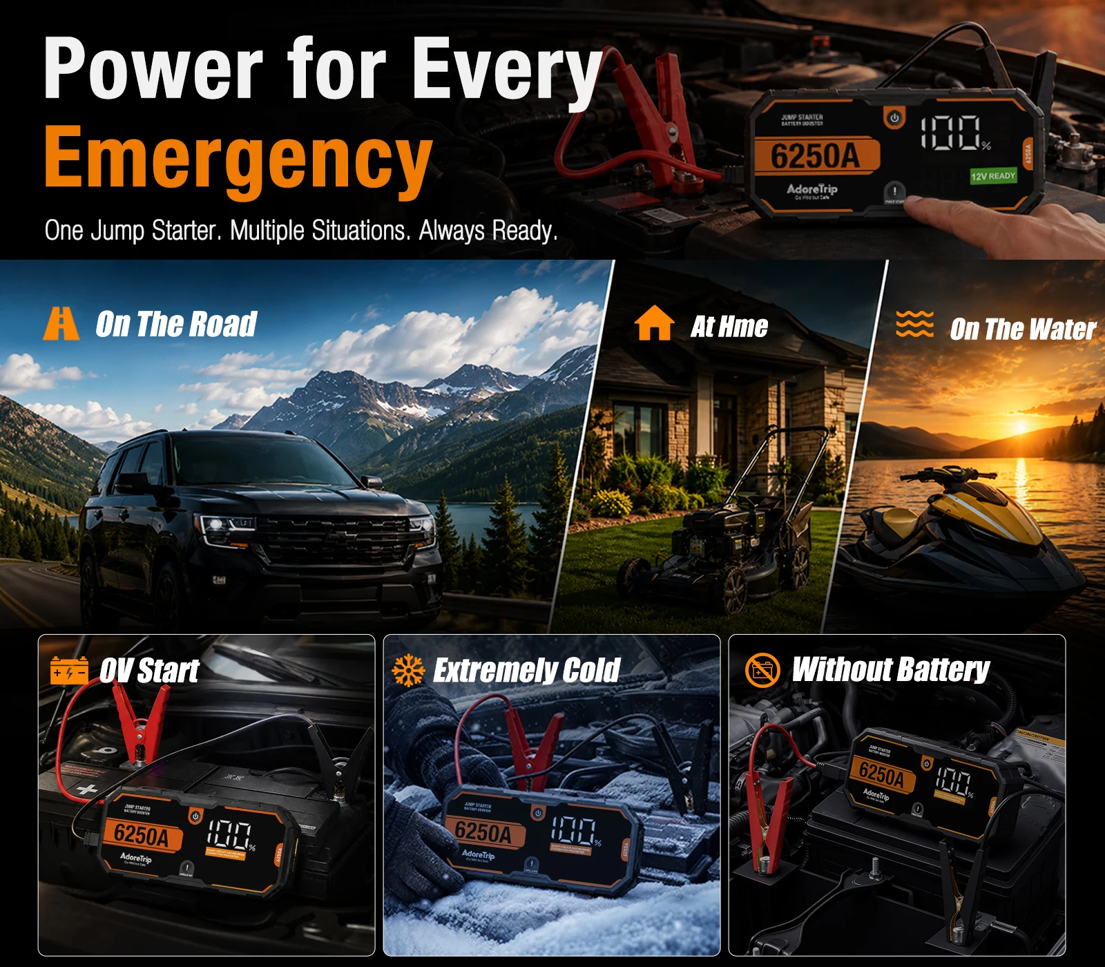 AdoreTrip Car 6250A Tragbares 12V Starthilfegerät Powerbank Auto-Batterie-Booster-Startergerät für Pickups, SUVs, Offroad-Fahrzeuge, 4x4, Boote – Detail 5