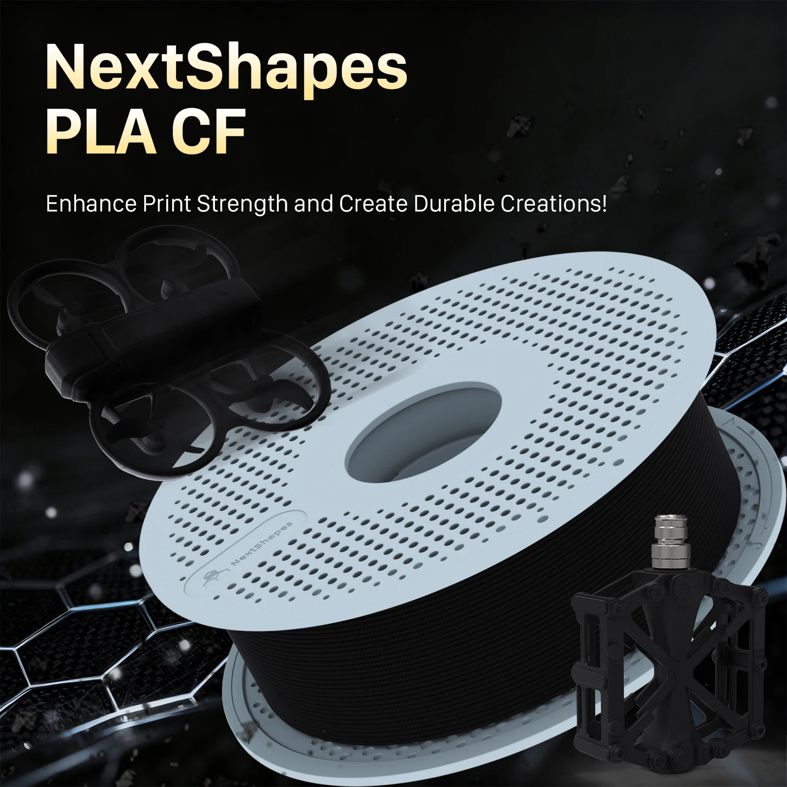 NextShapes PLA‑CF Carbon Fiber 3D Printer Filament 1.75mm 1KG Spool 2.2LB Black High Strength for Bambu Lab FDM 3D Printers
