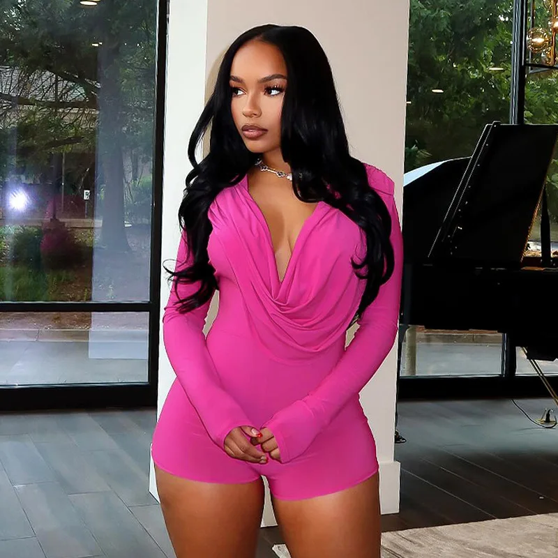 

D24rp351 Women's 2025 New Sexy Swinging Collar Hot Girl Tight Long Sleeve Jumpsuit Shorts