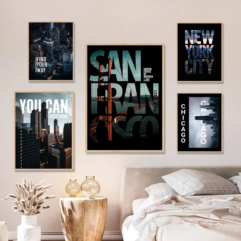 New York Chicago San Francisco Canvas Print Modern Cityscape Skyline Wall Art Urban Architecture Poster for Living Room Decor