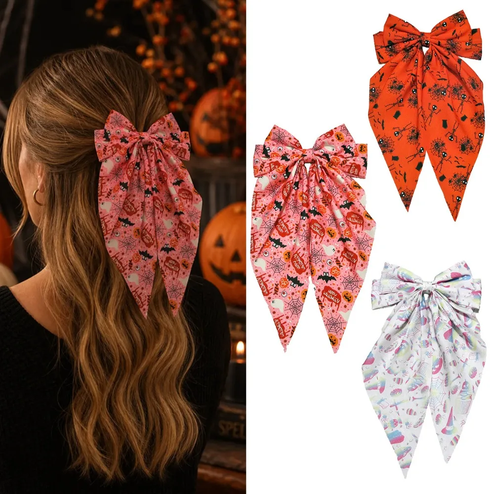 1Pc Bat Pumpkin Halloween Hair Clip, Bow Ribbon Fabric Spring Clamp for Women, Party Hair Accessories No Damage