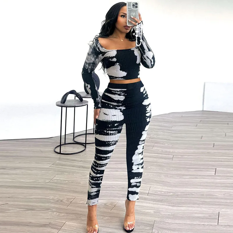 

Knit Ribbed Black White Print Pant Sets Womens 2 Piece Outfit Long Sleeve Crop Top and Pants Sporty Fitness Casual Matching Sets