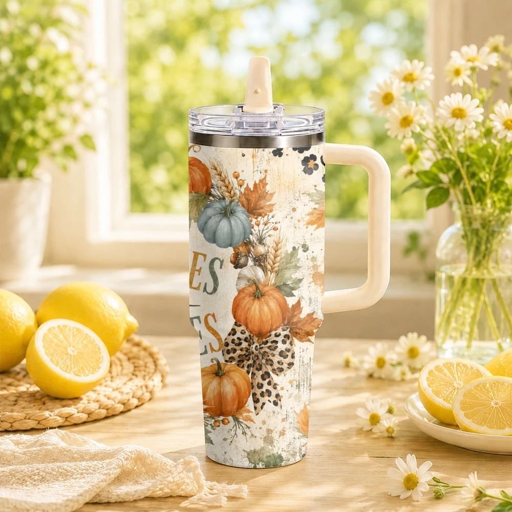 Leopard Autumn Pumpkins Vacuum Flasks 40oz Stainless Steel Insulated Tumbler Leakproof Vacuum Travel Mug Portable Coffee Cup